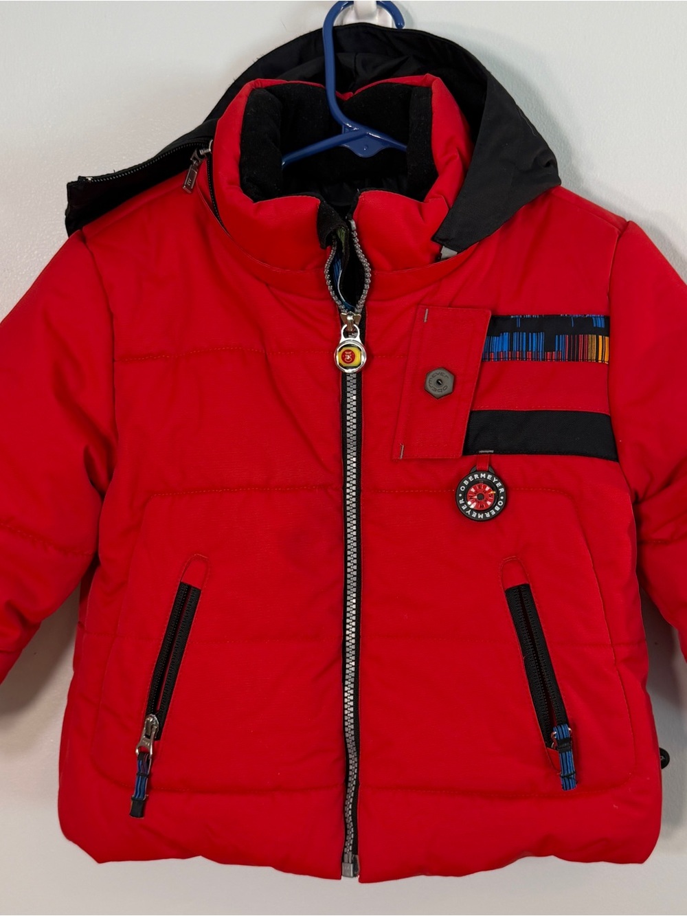 Obermeyer kids ski jacket red hooded winter puffer coat 3T waterproof unisex EUC